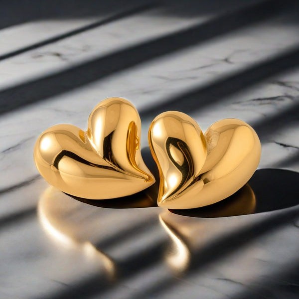 18K Gold-Plated Stainless Steel Heart Earrings -Chunky Polished Design for Women and Girls,  Heart Drop Jewelry